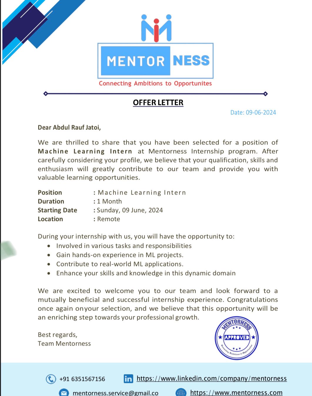 AI and ML Engineer at Mentorness (Internship)